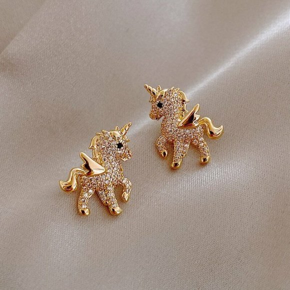 Gold Plated Unicorn Diamond Ziron Stud Earrings Party Gift - Picture 5 of 5